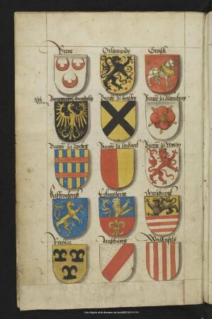 Bl. 3v: 15 Wappen einzelner Herrschaften, die dem Haus Wettin gehören