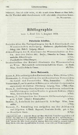 Bibliographie vom 1. Juni bis 1. August 1858.