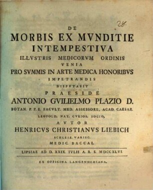 De Morbis Ex Mvnditie Intempestiva : ad d. XXIX. Iulii a. r. s. MDCCXL