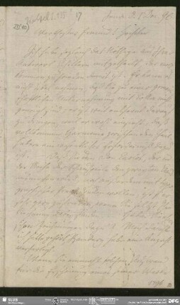 Eigenh. Brief von August Wilhelm von Schlegel an Georg Joachim Göschen, Jena, 01.12.1796