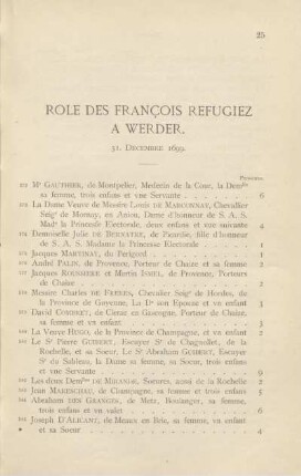 Role des françois refugiez à Werder. 31 décembre 1699
