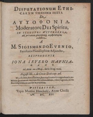 Disputationum Ethicarum Vicesima Sexta De Autophonia