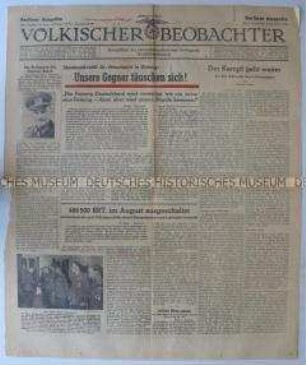 Titelblatt der Tageszeitung "Völkischer Beobachter" mit einem Kommentar zum Beginn des 6. Kriegsjahres