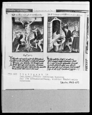 Zwei Schriften — Speculum humanae salvationis — Textseite mit zwei Miniaturen, Folio 73verso