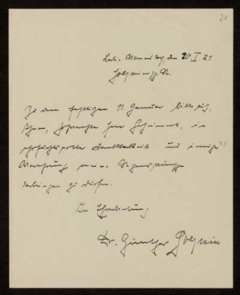 Brief von Günther Holstein an Otto von Gierke, Berlin-Wilmersdorf, 20.1.1921