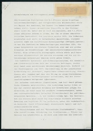 Platzbebauung mit Wohnungen, Gewerbe und sozialen Einrichtungen am Viktoria-Luise-Platz, Berlin-Schöneberg Schinkelwettbewerb 1980: Erläuterungsbericht (4 Seiten)