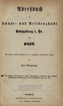1872: Adreßbuch der Haupt- und Residenzstadt Königsberg i. Pr. und der Vororte