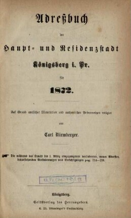 1872: Adreßbuch der Haupt- und Residenzstadt Königsberg i. Pr. und der Vororte