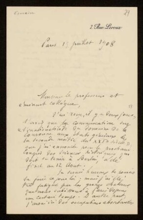 29: Brief von Adhémar Esmein an Otto von Gierke, Paris, 15.7.1908