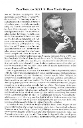 Zum Tode von OSR i. R. Hans Martin Wegner