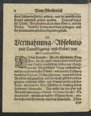 III. Vermahnung/ Absolutio und Dancksagung/ und Gebet/ vor der Communion.