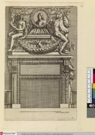 Diverses Inventions nouvelles pour des Cheminées, Bl. 2 [Wandabschnitt, Kamin mit Detailvarianten und leerem Rechteckfeld sowie angeschnittener Sockellambris, Rauchfang von Portraitmedaillon zwischen zwei sitzenden Skulpturen bekrönt. (Wilke 2016)]