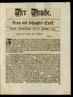 Neun und sechzigstes Stück. Berlin, Donnerstags, den 26. Junius 1749