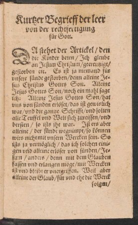 Kurtzer Begrieff der leer von der rechtfertigung für Gott.