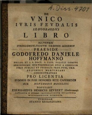 De Vnico Ivris Fevdalis Longobardici Libro
