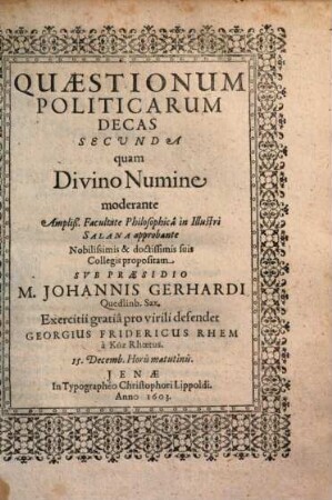 Quaestionum Politicarum Decas ..., 2