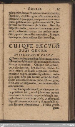 Cuique Saeculo Suus Genius. Dissertatio Prima