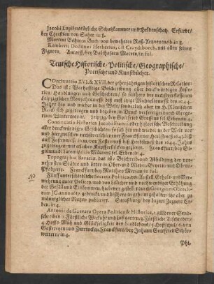 Teutsche Historische/ Politische/ Geographische/ Poetische und Kunstbücher.