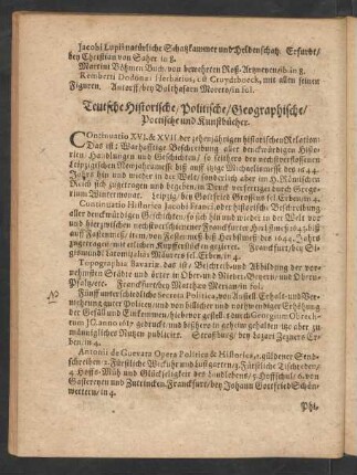 Teutsche Historische/ Politische/ Geographische/ Poetische und Kunstbücher.