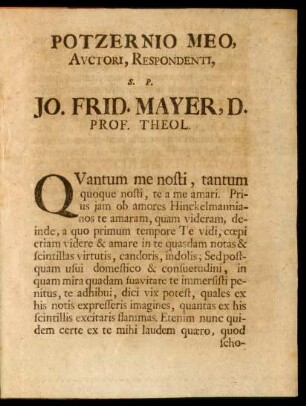 Potzernio Meo, Auctori, Respondenti, S. P. Jo. Frid. Mayer, D. Prof. Theol.