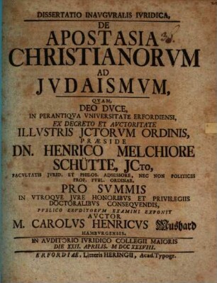 Dissertatio inavgvralis ivridica De apostasia Christianorvm ad Jvdaismvm