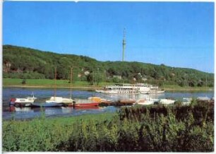 Dresden. Elbansicht mit Fernsehturm und Motorschiff