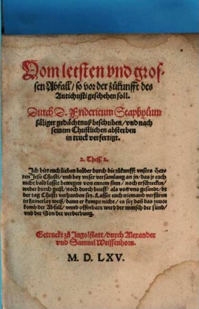Vom letsten vnd grossen Abfall, so vor der zukunfft des Antichristi geschehen soll