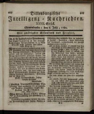 XXVII. Stück. Sonnabends : den 6. Julii, 1782.