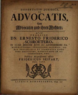 Dissertatio Juridica, De Advocatis, Von Advocaten und ihren Rechten