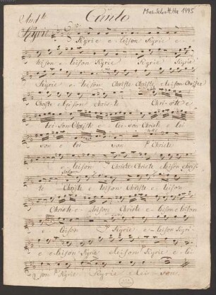 Masses, V (4), Coro, orch, org, B-Dur - BSB Mus.Schott.Ha 1445-3 : [heading, vl 1, f. 1r:] Bühler Missa in B.