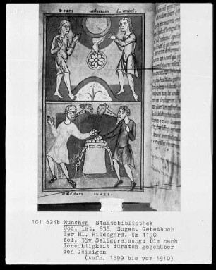 Sogenanntes Gebetbuch der heiligen Hildegard — Seligpreisung, die nach Gerechtigkeit dürsten gegenüber den Geizigen, Folio 35verso