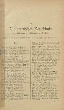 IV. Alphabetisches Verzeichnis von Friedenau u. Schöneberger Ortsteil