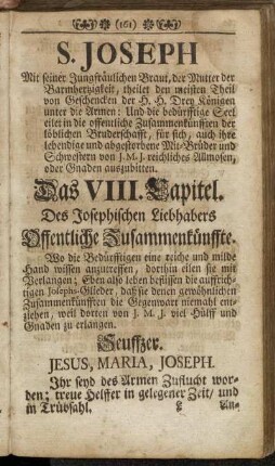 S. Joseph [...]. Das VIII. Capitel. Des Josephischen Liebhabers Offentliche Zusammenkünffte.