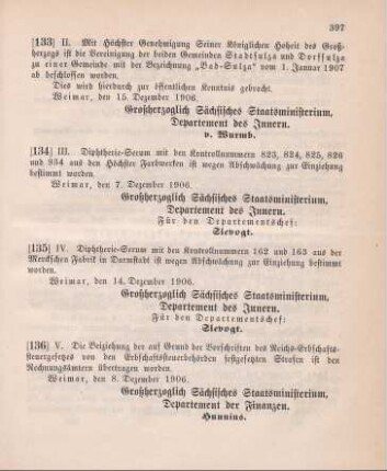 134. Ministerialbekanntmachung, betreffend Einziehung von Diphtherieserum [Kontrollnummern 823, 824, 825, 826, 934]