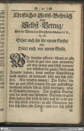 Christliches Selbst-Gespräch vom Selbst-Betrug, über die Worte des Propheten Maleachi II, 15. 16. Sehet euch für eurem Geiste, oder Hütet euch vor eurem Geiste