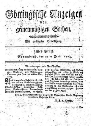 25stes Stück. Sonnabend, den 24ten Junii 1775.