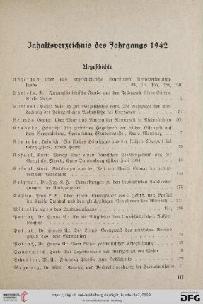 Inhaltsverzeichnis des Jahrgangs 1942