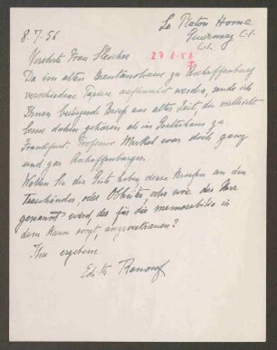 Brief von Marilies Schleicher an Edith Le Page Renouf zum Tod von Sissi Brentano, mit Rückantwort an Frau Schleicher