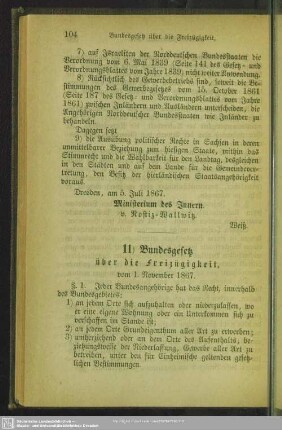 11) Bundesgesetz über die Freizügigkeit : vom 1. November 1867