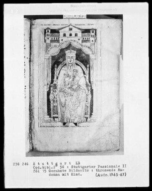 Stuttgarter Passionale — Heilige der pars aestiva (zweiter Band) — Thronende Madonna mit Kind, Folio 15recto