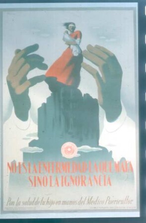 Plakat. Nicht die Krankheit tötet, sondern die Unwissenheit. Lege die Gesundheit Deines Kindes in die Hände eines Kinderarztes