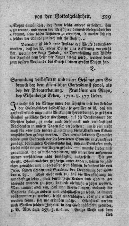 Sammlung verbesserter und neuer Gesänge zum Gebrauch bey dem öffentlichen Gottesdienst sowol, als bey der Privaterbauung.