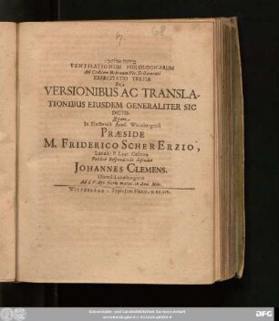 Ventilationum Philologicarum Ad Codicem Hebraeum Vet. Testamenti Exercitatio Tertia De Versionibus Ac Translationibus Eiusdem Genraliter Sic Dictis