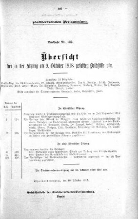 Übersicht der in der Sitzung gefaßten Beschlüsse u.s.w. (139.), 09. Oktober 1918