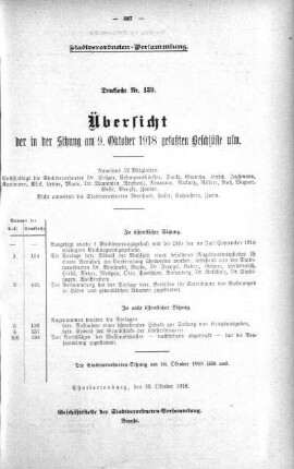 Übersicht der in der Sitzung gefaßten Beschlüsse u.s.w. (139.), 09. Oktober 1918