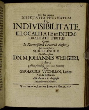 Disputatio Pneumatica De Indivisibilitate, Illocalitate et Intemporalitate Spiritus