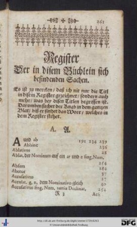 Register der in disem Büchlein sich befindenden Sachen.
