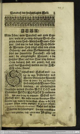 Leichenpredigt : Paradieß der hochgeplagten Seele. Leichen-Text. Abhandelung.