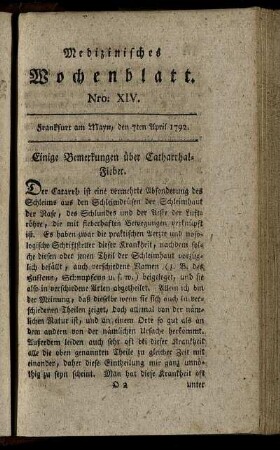Nro. XIV. Frankfurt am Mayn, den 7ten April 1792. - Nro. XVII. Frankfurt am Mayn, den 28ten April 1792.