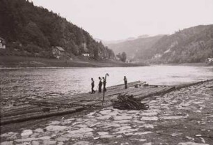 Zusammenstellung und Einbindung eines Floßes auf der Elbe, am Ufer ein Haufen Wieden